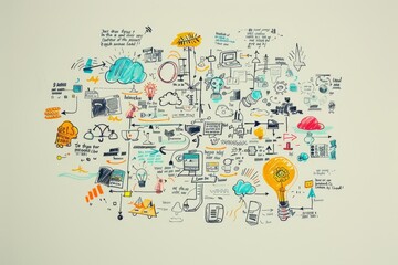 A whiteboard filled with colorful, hand-drawn ideas, connected by lines and arrows, A mind map filled with interconnected ideas and concepts related to a specific topic