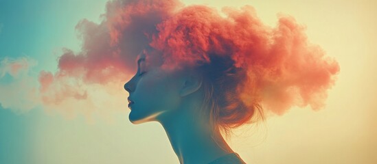 Woman's profile with vibrant pink smoke as hair, dreamy sky background.