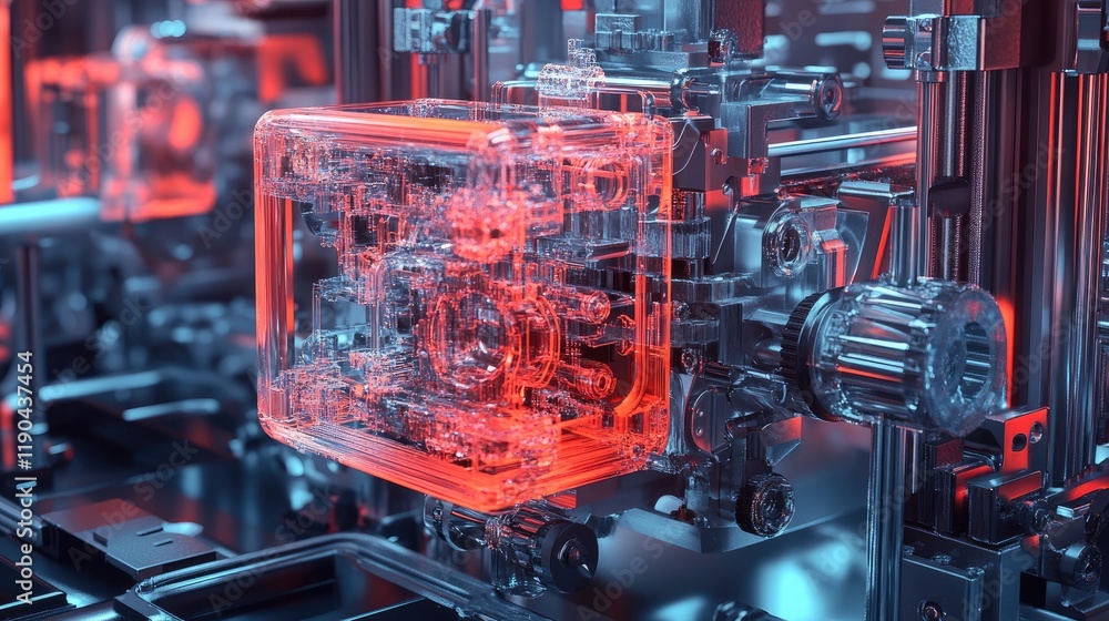 Poster transparent cube inside complex machinery system
