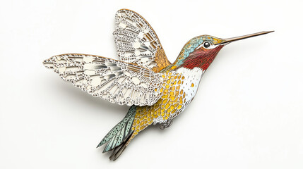 Obraz premium A vibrant and stylized cut-out of a sleek golden hummingbird mid-flight, its metallic feathers shimmering under bright light, set against a clean white background. Hyper-realistic textures and dynamic