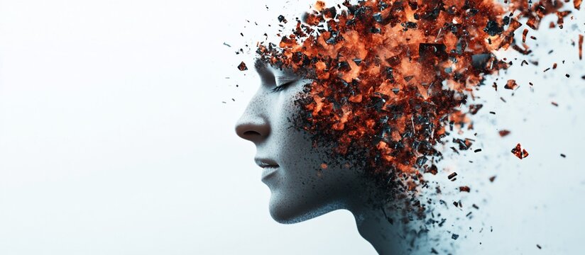 Abstract profile of a person with head exploding into fragments.