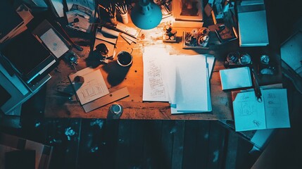 Messy artist's desk at night, lit by lamp.