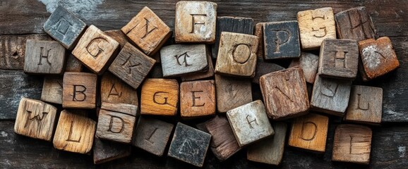 Scattered wooden blocks with letters of the alphabet on a dark background.