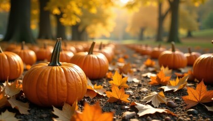 Sunlit pumpkin patch, fallen leaves scattered on ground, vegetables, shadow