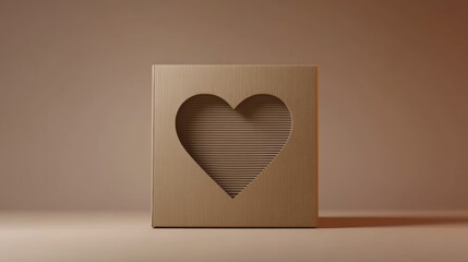 Cardboard cube with heart cutout on brown background.