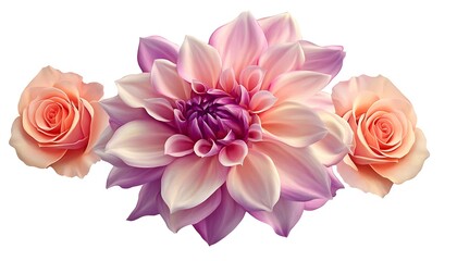 Hyper-realistic clipart of dahlia with two roses, isolated against white background,