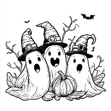 ghosts wearing witch hats halloween scene clip art preview