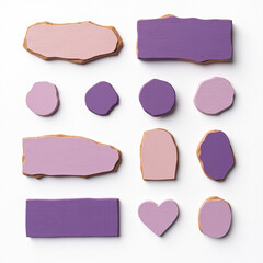 A collection of purple and lavender painted wooden shapes arranged artistically, showcasing a modern and minimalistic design.