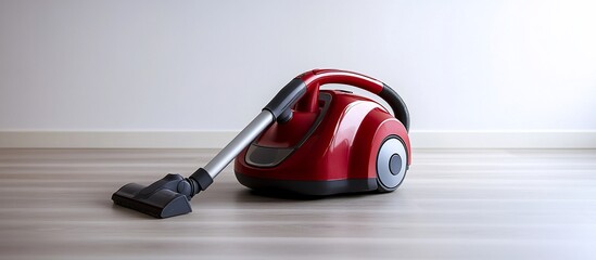 Red canister vacuum cleaner on light wood floor.