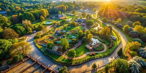 Aerial Drone View of a Zoo, Animal Enclosures, Wildlife Park, Birds-Eye Perspective