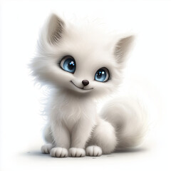 Fototapeta premium Arctic fox clipart with fluffy white fur, large sparkling blue eyes, and a sweet, friendly smile. Sitting isolated on a clean white background