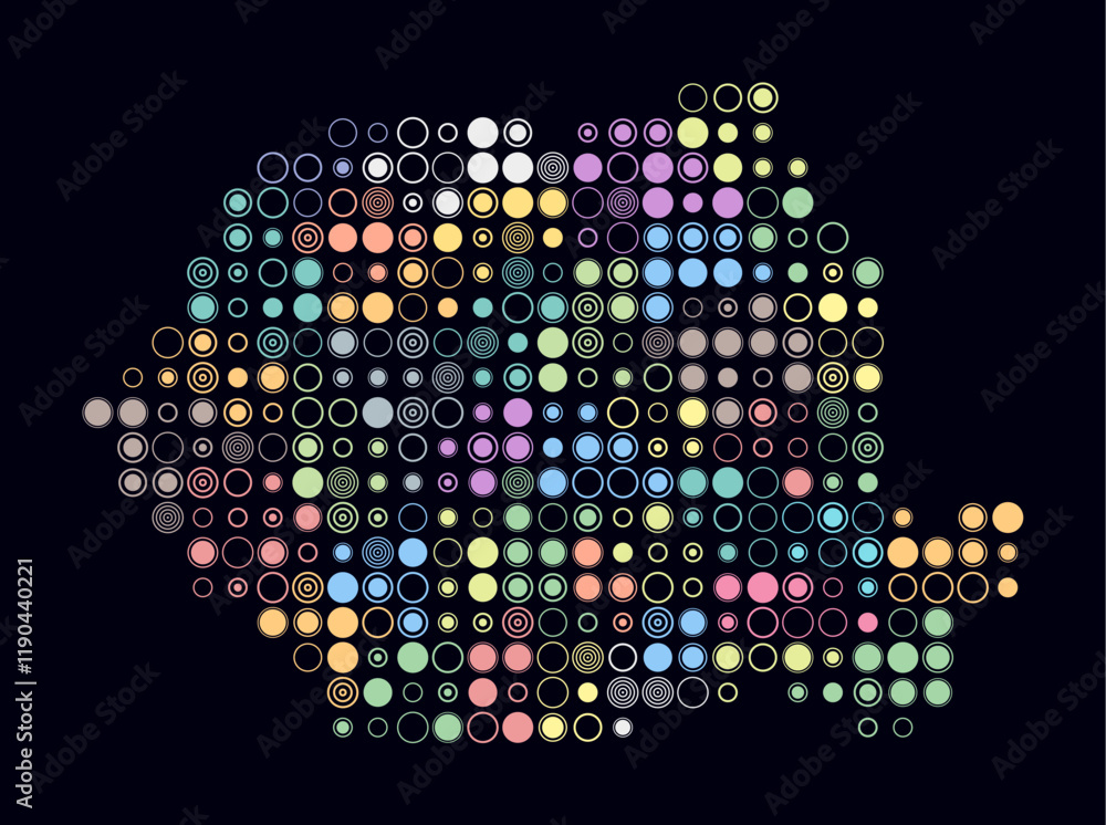 Poster romania, shape of the country build of colored cells. digital style map of the romania on dark backg