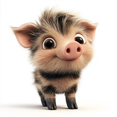 Fototapeta premium European wild boar piglet clipart. The piglet has soft striped fur, large round eyes, a small pink snout, and a playful, happy expression. Standing on short legs