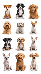 Diverse group of twelve adorable dogs on a white background during a studio portrait session showcasing various breeds and personalities
