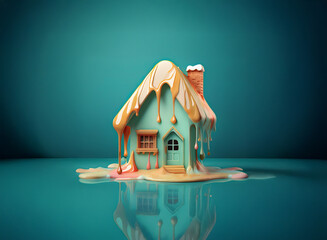 A miniature house, teal and melting like candy, sits on a reflective surface.  Its roof and walls...