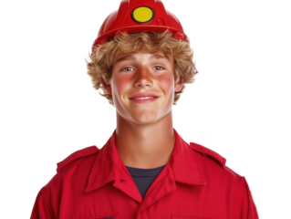 Young Male Worker in Red Uniform with Safety Helmet Smiling Cheerfully
