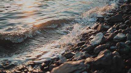 Obraz premium Golden sunlight illuminates waves lapping rocky shore