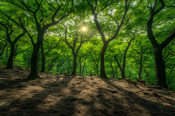 Fototapeta premium Sunlit Forest Scene with Lush Greenery and Tranquil Atmosphere