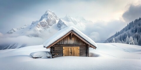 Serene winter landscape featuring a snow-covered wooden cabin nestled amidst majestic snow-capped mountains and a tranquil forest