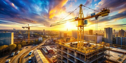 Naklejka premium 4K Aerial Double Exposure: Construction Site & Yellow Crane
