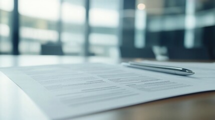 Pen resting on paperwork on a table in an office.
