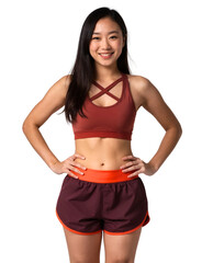 Obraz premium A photograph of an Asian woman with long, straight hair wearing a red sports bra and matching shorts, smiling confidently. white background