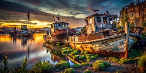 Obraz premium Abandoned Boats in Harbor at Dusk - Urban Exploration Photography