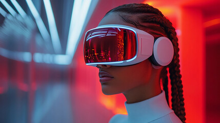 Portrait of a young woman wearing augmented reality glasses in a futuristic environment