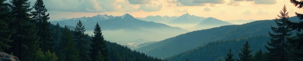 Naklejka premium Misty mountain fir forest, vintage film grain , bokeh, woods