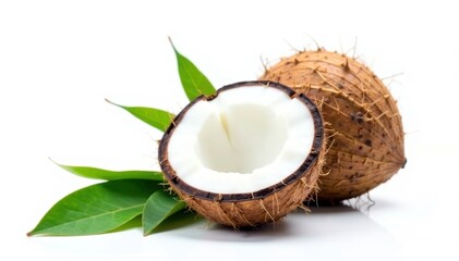 Halved coconut with green leaves, isolated on white , tropical, still life