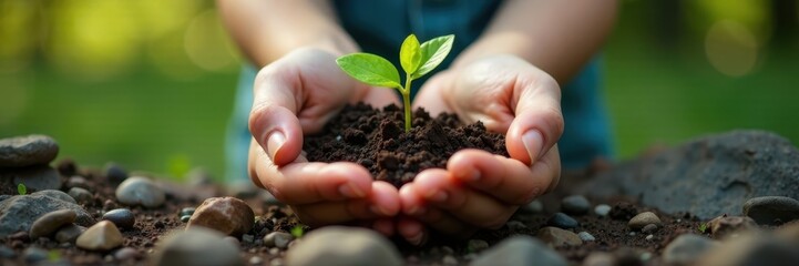 Youthful hands cradling vibrant plant sprouting from rocks , shadow, new