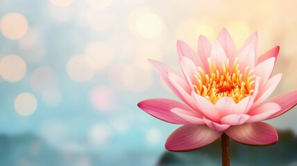 Obraz premium A serene pink lotus flower blooms gracefully against a soft, blurred background with gentle bokeh effects.