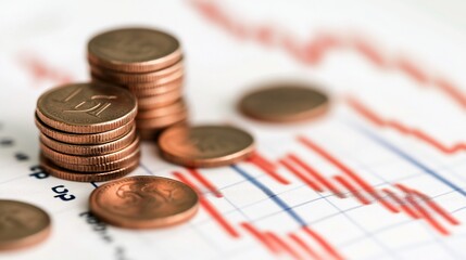 Close-up of stacked coins on a financial graph showing a downward trend.