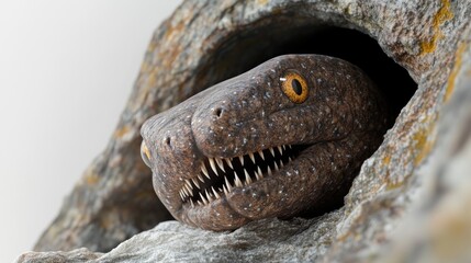Close-up of a mottled brown reptile's head emerging from a rock crevice, showing sharp teeth.
