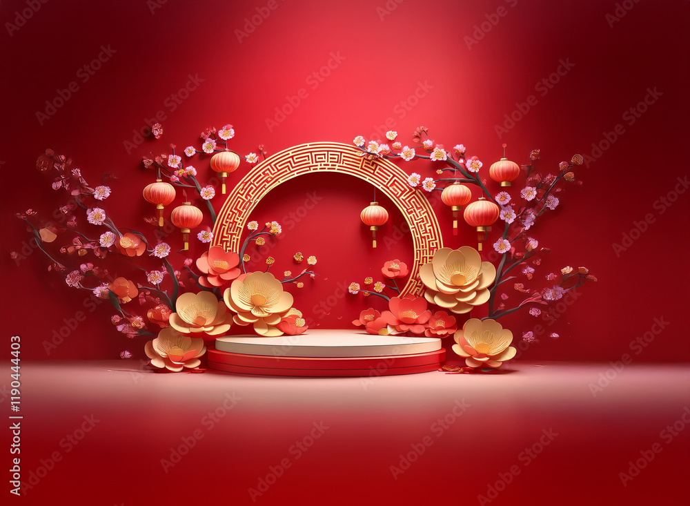 Poster a vibrant red backdrop features a circular gold frame adorned with paper flowers and lanterns, creat