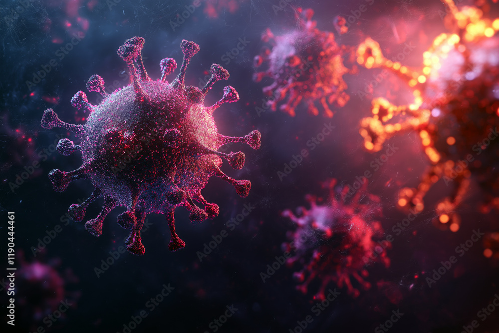 Poster artistic representation of viral particles connected by neural networks, glowing against a dark grad