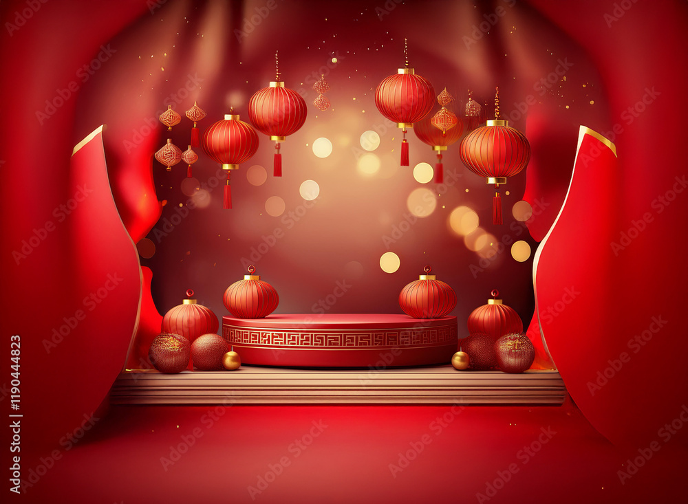 Poster red curtains frame a festive scene with a circular podium, adorned with red ornaments and lanterns. 