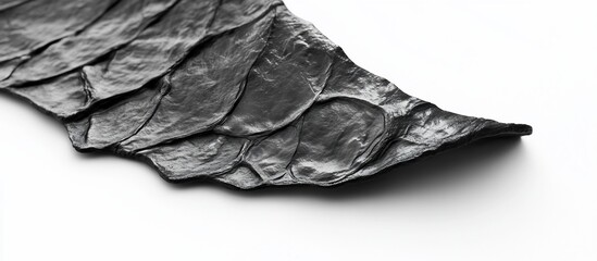 Abstract grayscale close-up of a textured, layered, curved, dark gray, sculptural object resembling a rock or leaf.