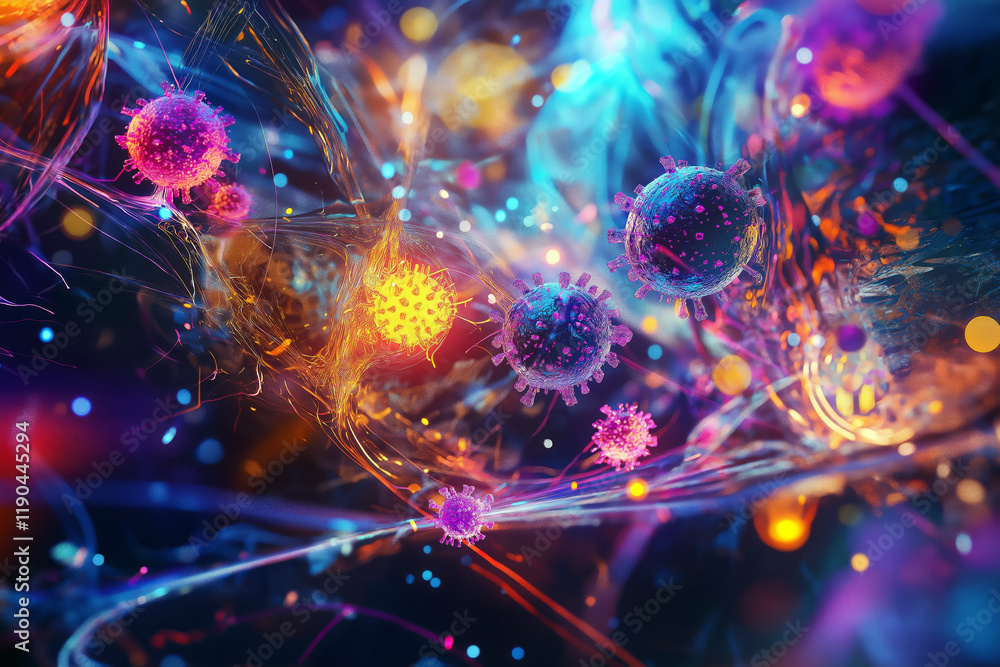 Poster microscope view of viruses mutating in vibrant colors, surrounded by digital futuristic elements.