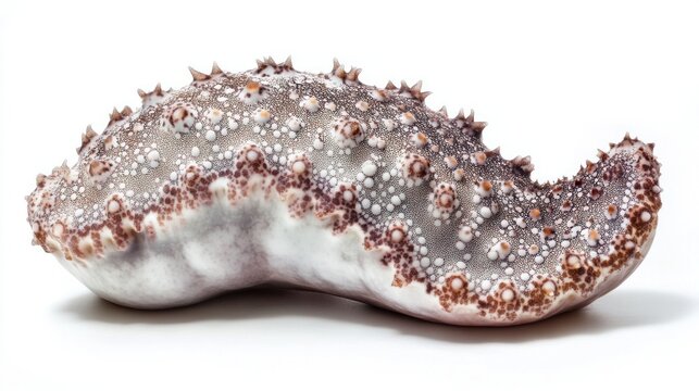 Close-up of a sea cucumber, showing its textured skin and unique shape against a white background. - Powered by Adobe