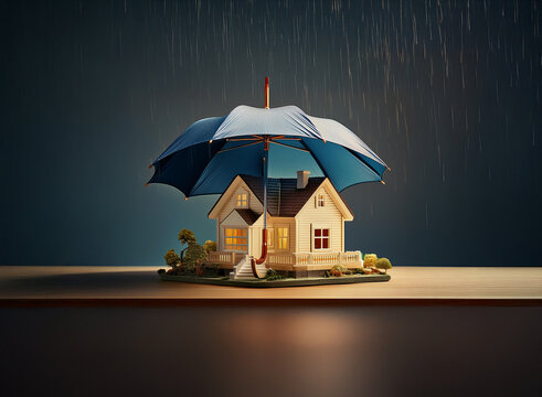 A miniature house sits safely under a large umbrella, protected from the rain falling in the background.  The scene evokes a sense of security and shelter.
