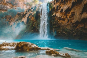 A breathtaking waterfall flows down a rocky cliffside into a crystal clear pool, A majestic...