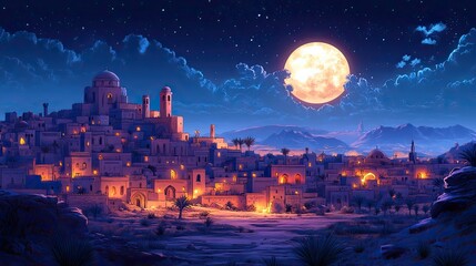 An ancient Arabian city panorama at night, featuring houses and a mosque in a blue cartoon style