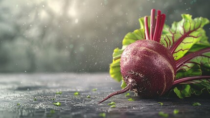 A red beetroot is on a table with green leaves