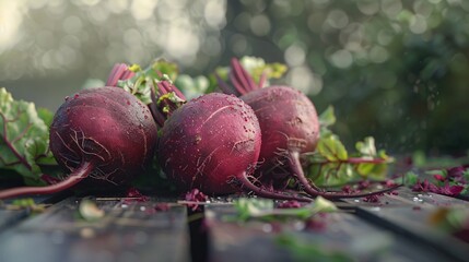 Three red beets are on a wooden table
