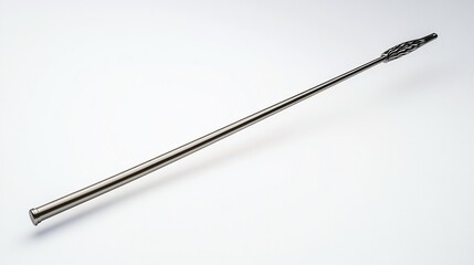 Sleek, metallic, long, slender object with a textured tip, isolated on white.