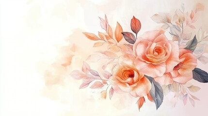 Peach roses watercolor bouquet, autumn leaves, soft background, wedding invitation