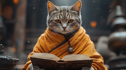 Serene tabby cat monk reading ancient book.