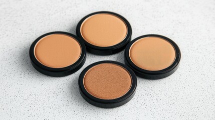 Four circular makeup palettes in varying shades of beige and brown, arranged neatly against a light background, showcasing different textures.