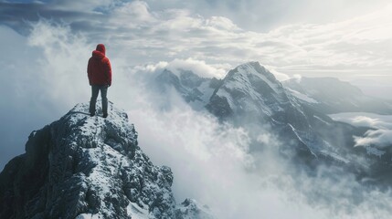 A man in a red jacket stands on a snow covered mountain